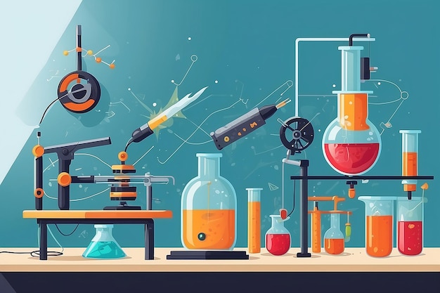 Crear un gráfico vectorial de un laboratorio de física con estudiantes realizando experimentos sobre el magnetismo