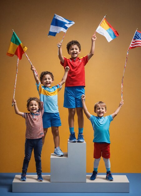 Crear una imagen digital hiperrealista 4K realista que muestre a los niños en un podio como primer segundo y