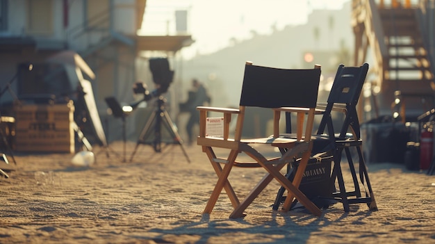 Crear una imagen icónica con una silla de director vacía con una etiqueta de nombre y un megáfono descansando a su lado en el telón de fondo de un set de cine ocupado