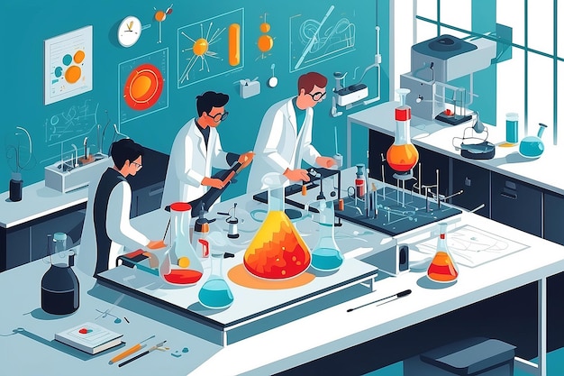 Crear una imagen de un laboratorio de física con estudiantes experimentando con los principios de la termodinámica