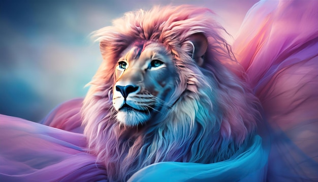 Crear una imagen de un león majestuoso con pelaje hecho enteramente de seda en colores de tela pastel El león