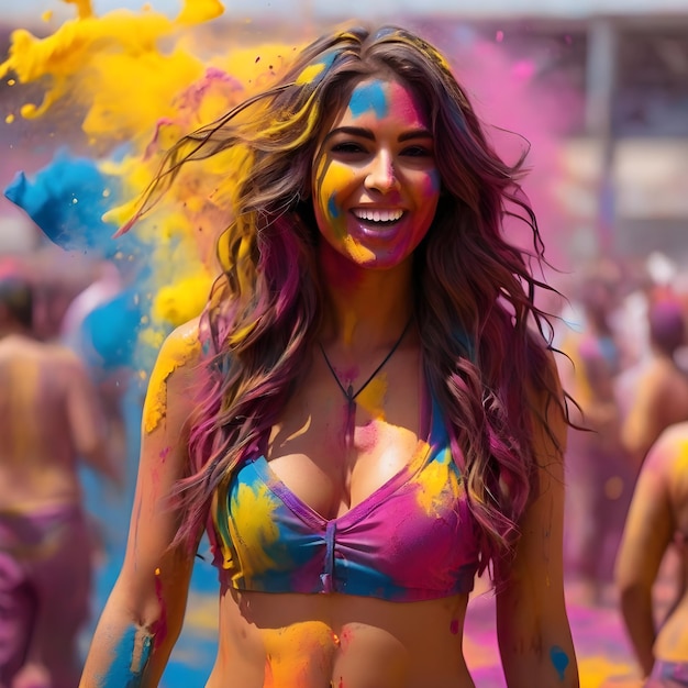 Crear una imagen de una mujer estadounidense con un bikini y jugando Holi con colores vibrantes salpicaduras