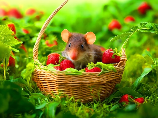 Crear una imagen del ratón lindo saliendo de la canasta y huyendo apresuradamente para escapar del destino