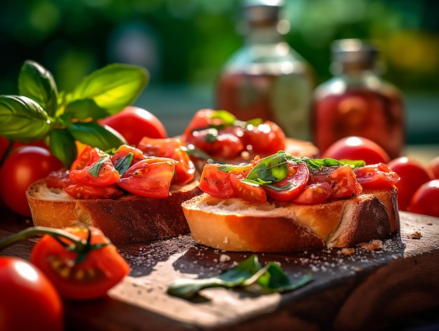 Crear una imagen realista de un tomate y albahaca Bruschetta