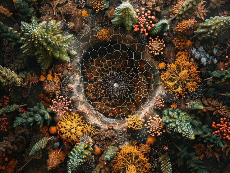 Crear una imagen visualmente cautivadora de la intrincada red de comunicación y conexiones simbióticas