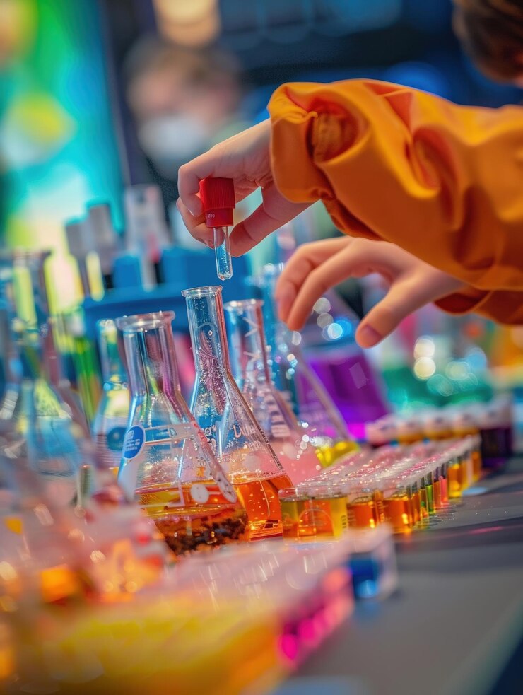 Crear una imagen visualmente cautivadora de manos que llevan a cabo experimentos científicos atractivos a nivel de los ojos Asegurar la claridad en cada paso del experimento con un enfoque en los detalles y la precisión científica