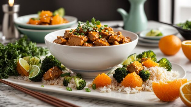 Crear una imagen visualmente impresionante de un plato de pollo naranja frito vibrante colocado en un elegante