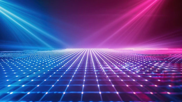 Crear una imagen visualmente llamativa que muestre haces de luz azul y rosa abstractos que irradian a través de una red