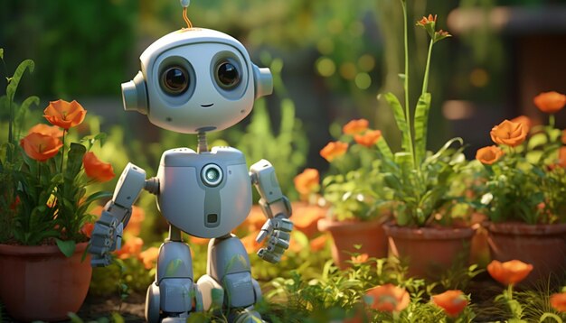 Foto crear un lindo robot 3d diseñado específicamente para tareas de jardinería que podría tener un riego puede adjuntar pequeños contenedores de plantas y una cara amigable para hacer jardinería 9