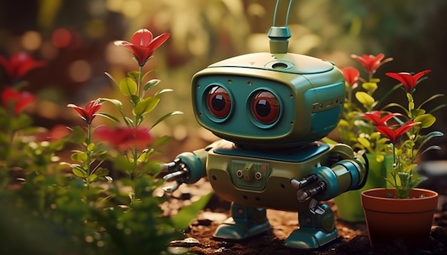 Crear un lindo robot 3D diseñado específicamente para tareas de jardinería que podría tener un riego puede adjuntar pequeños contenedores de plantas y una cara amigable para hacer jardinería 9