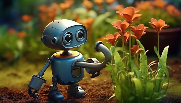 Crear un lindo robot 3D diseñado específicamente para tareas de jardinería que podría tener un riego puede adjuntar pequeños contenedores de plantas y una cara amigable para hacer jardinería 9