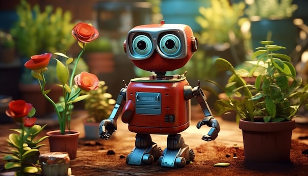 Foto crear un lindo robot 3d diseñado específicamente para tareas de jardinería que podría tener un riego puede adjuntar pequeños contenedores de plantas y una cara amigable para hacer jardinería 9