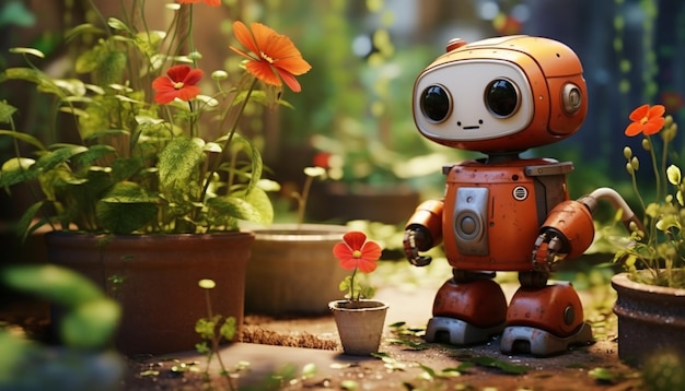 Foto crear un lindo robot 3d diseñado específicamente para tareas de jardinería que podría tener un riego puede adjuntar pequeños contenedores de plantas y una cara amigable para hacer jardinería 9