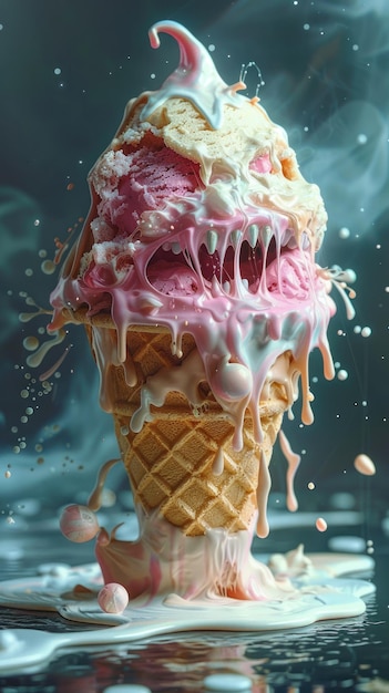 Crear una manipulación fotográfica surrealista de un cono de helado derretido transformándose en un monstruo