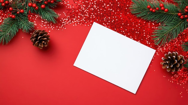 Crear mensajes festivos alegres con una tarjeta en blanco rodeada de decoraciones festivas y brillantes lentejas rojas
