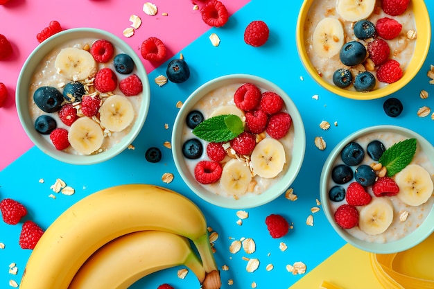 Crear una mesa plana maximalista con cuencos de cereales de avena adornados con bayas de plátano y