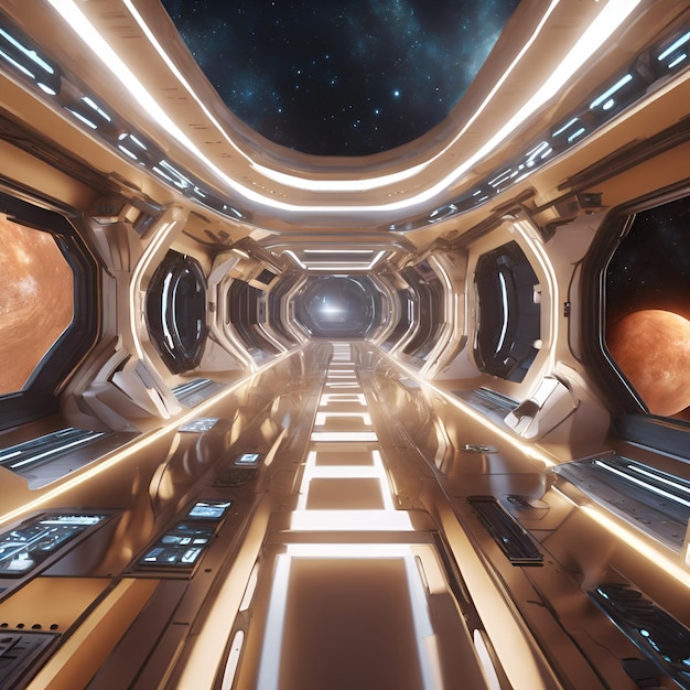 Foto crear un modelo fotorrealista en 3d de una extensa estación espacial con elegantes corredores metálicos y pa