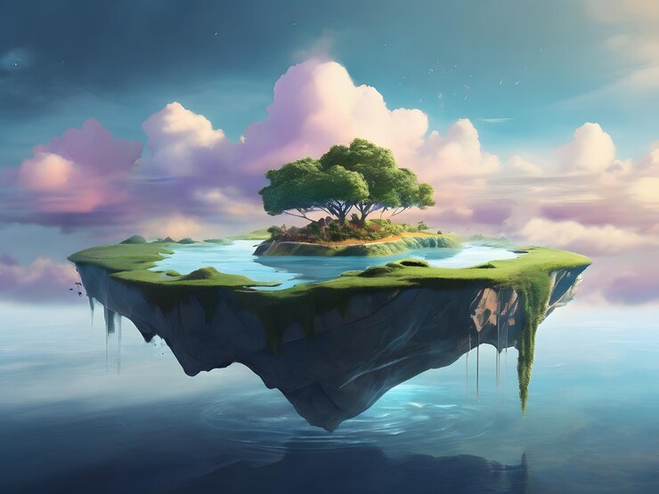 Crear una obra de arte digital etérea de una isla flotante en un paisaje cósmico surrealista
