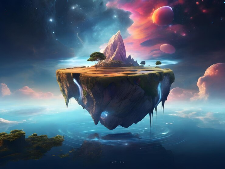 Crear una obra de arte digital etérea de una isla flotante en un paisaje cósmico surrealista
