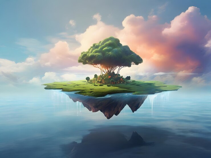 Crear una obra de arte digital etérea de una isla flotante en un paisaje cósmico surrealista