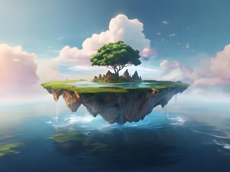 Crear una obra de arte digital etérea de una isla flotante en un paisaje cósmico surrealista