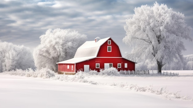 Crear un paisaje rural de invierno con un granero rojo sobresaliendo contra la nieve blanca