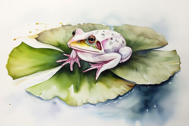 Crear una pintura caprichosa de una rana sentada en una almohadilla de lirio acuarela pintura hermosa natural