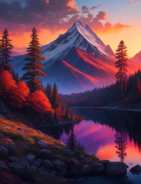 Crear una pintura detallada vibrante de un paisaje de montaña con árboles agua y un cielo de puesta de sol