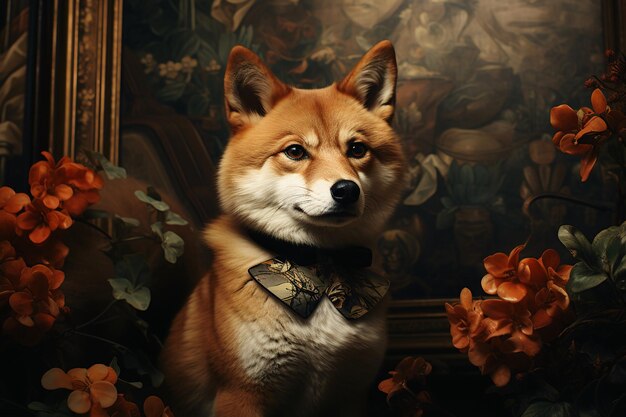 Crear una pintura digital de un Shiba Inu con un abrigo marrón rico y un pecho blanco el perro está usando