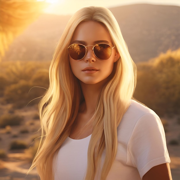 Foto crear un retrato fotorrealista de una chica estadounidense de 25 años con gafas de sol y un tsh blanco