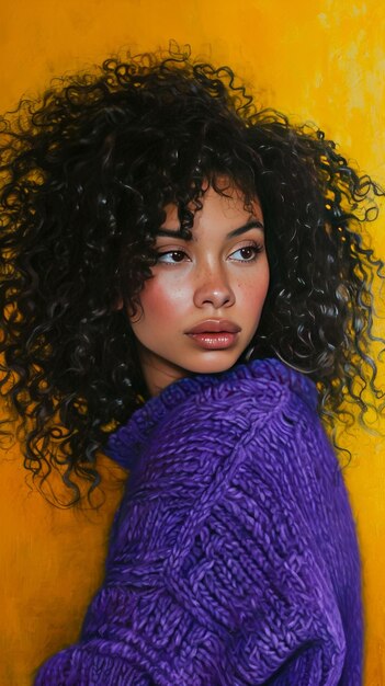 Foto crear un retrato de una mujer con el cabello rizado con un suéter púrpura y de pie frente a una pared amarilla