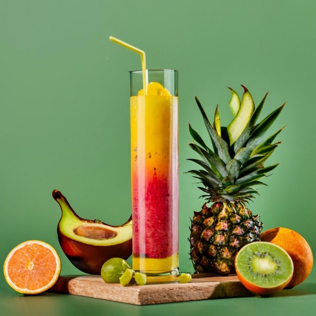 Crear rojos frescos y amarillo imagen de jugo en polvo con frutas verdes en torno en el vidrio de vidrio