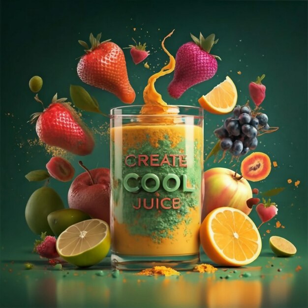 Crear rojos frescos y amarillo imagen de jugo en polvo con frutas verdes en torno en el vidrio de vidrio