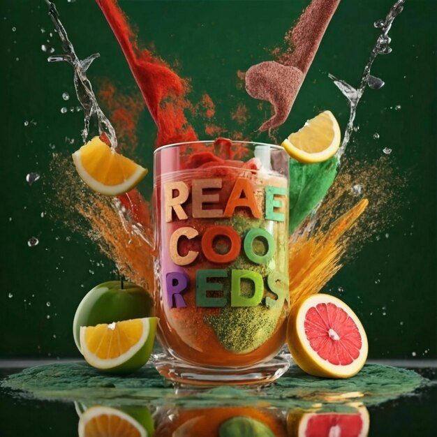 Foto crear rojos frescos y amarillo imagen de jugo en polvo con frutas verdes en torno en el vidrio de vidrio