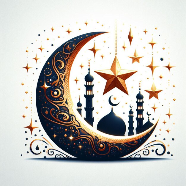 Foto crear una tarjeta de felicitación de eid mubarak con una luna y estrellas en un fondo blanco_ai_generado