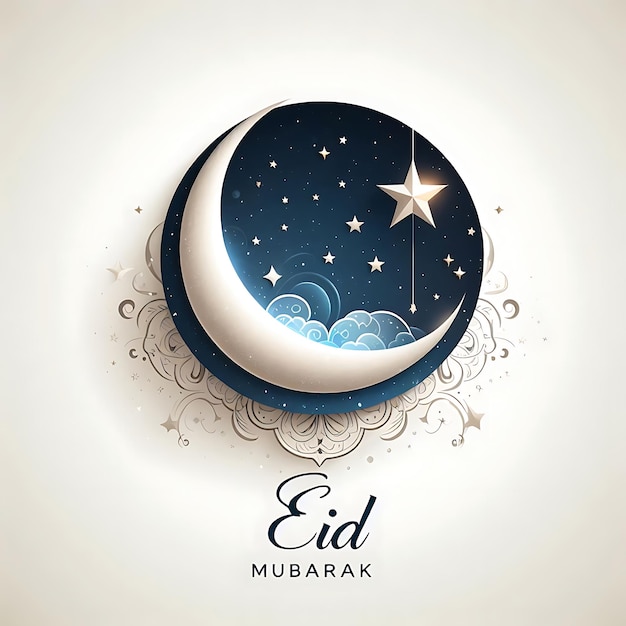 Foto crear una tarjeta de felicitación de eid mubarak con una luna y estrellas en un fondo blanco_ai_generado