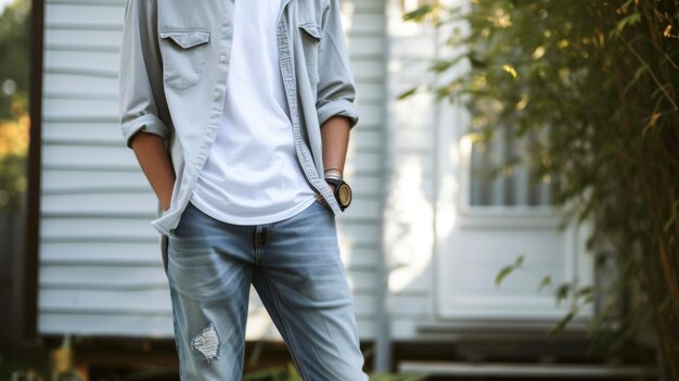 Foto crear el último aspecto normcore por capas de una camiseta gris sobre un botón blanco emparejado con