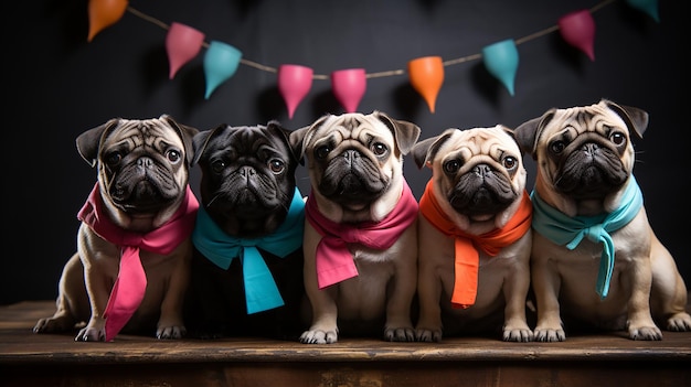 creative_animal_concept_pug_dog_puppy_in_a_group_vibr