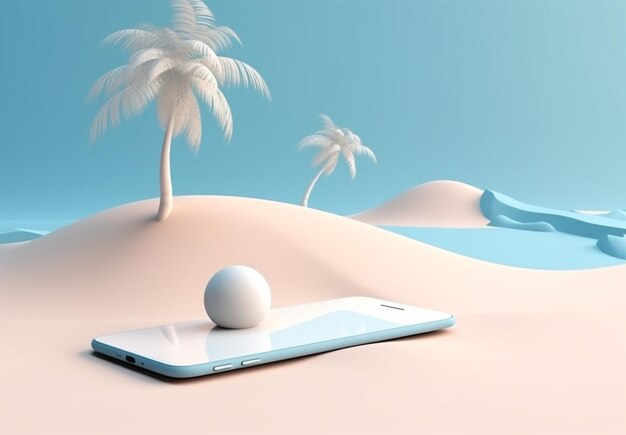 Creative cyber sand palm phone vacaciones maqueta concepto de mar de verano IA generativa