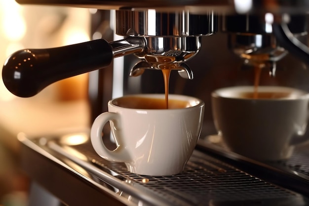 Creative Espresso vertiendo de la máquina de café en un acogedor café Generative Ai