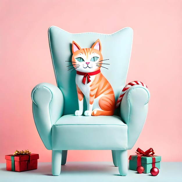 Creative Xmas Chair Katze auf pastellfarbenem Hintergrund