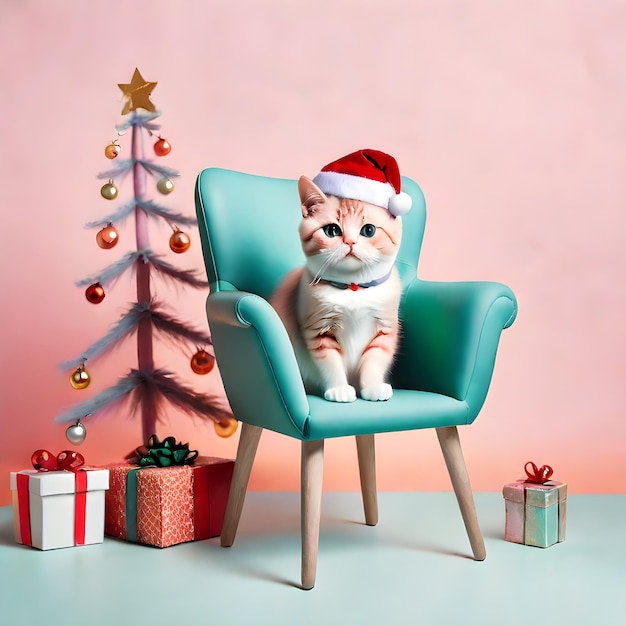 Creative Xmas Chair Katze auf pastellfarbenem Hintergrund