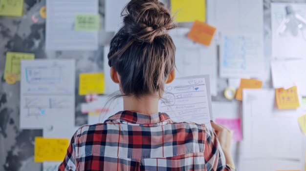 Creatividad en el caos una persona en medio de una vibrante sesión de lluvia de ideas con notas adhesivas