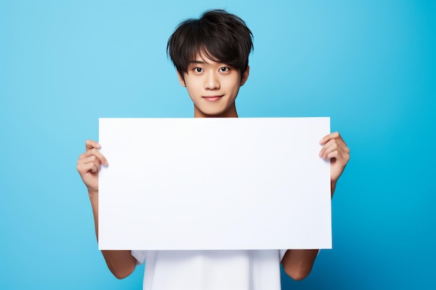 Creatividad cautivadora Un enigmático adolescente japonés hace una pose con un póster en blanco contra un Blu