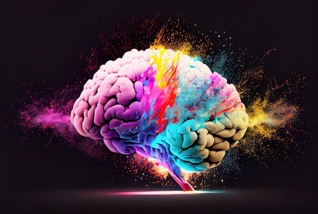 Creatividad cerebro colorido explotando con un poderoso multicolor por color de recubrimiento en polvo Ilustración de arte digital Aprendizaje profundo y concepto alucinante IA generativa
