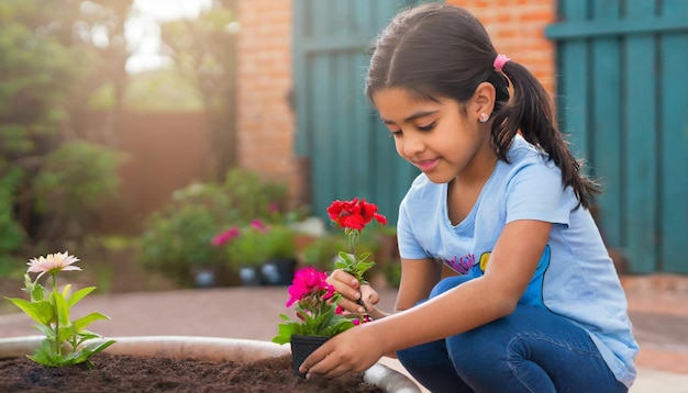 Creatividad floreciente Niña plantando una flor en el patio Abrazando la planta un concepto de día de la flor