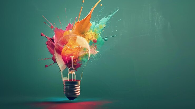 Creatividad iluminada Pintura líquida transformándose en bombilla de colores en un fondo verde oscuro Eureka Momento de inspiración creativa Concepto