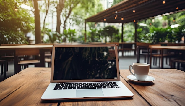 Creatividad impulsada por el café en una mesa de madera con pantalla de computadora portátil en blanco