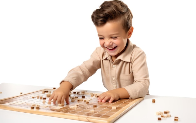 Foto creatividade homem bonito está jogando scrabble isolado em fundo branco