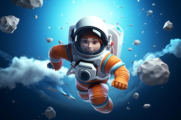 Creativo 3d render astronauta volando con cohete y reproducir botón de video para el desarrollo web banner ma